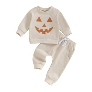 toddler baby boy halloween clothes long sleeve letter sweatshirt tops stretch jogger pants infant fall winter outfit (face light khaki, 18-24 months)