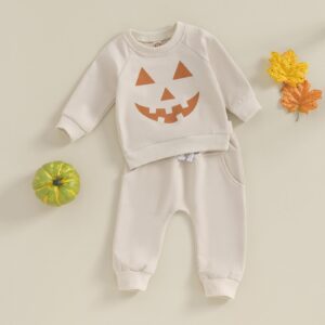 Toddler Baby Boy Halloween Clothes Long Sleeve Letter Sweatshirt Tops Stretch Jogger Pants Infant Fall Winter Outfit (Face Light Khaki, 18-24 Months)