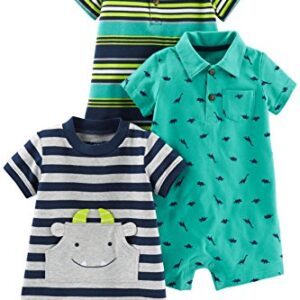 Simple Joys by Carter's Baby Boys' 3-Pack Rompers, Green Dinosaur/Navy Stripe/Yellow Stripe, 3-6 Months