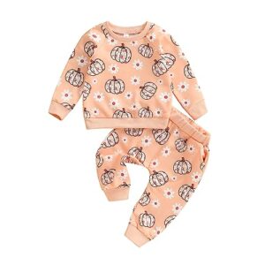 meiweileya baby girl fall clothes floral cute pumpkin sweatshirt long pants set halloween outfit newborn toddler clothing (orange pink leopard, 0-6 months)