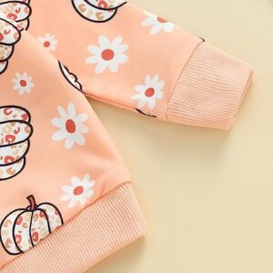 Meiweileya Baby Girl Fall Clothes Floral Cute Pumpkin Sweatshirt Long Pants Set Halloween Outfit Newborn Toddler Clothing (Orange Pink Leopard, 0-6 Months)