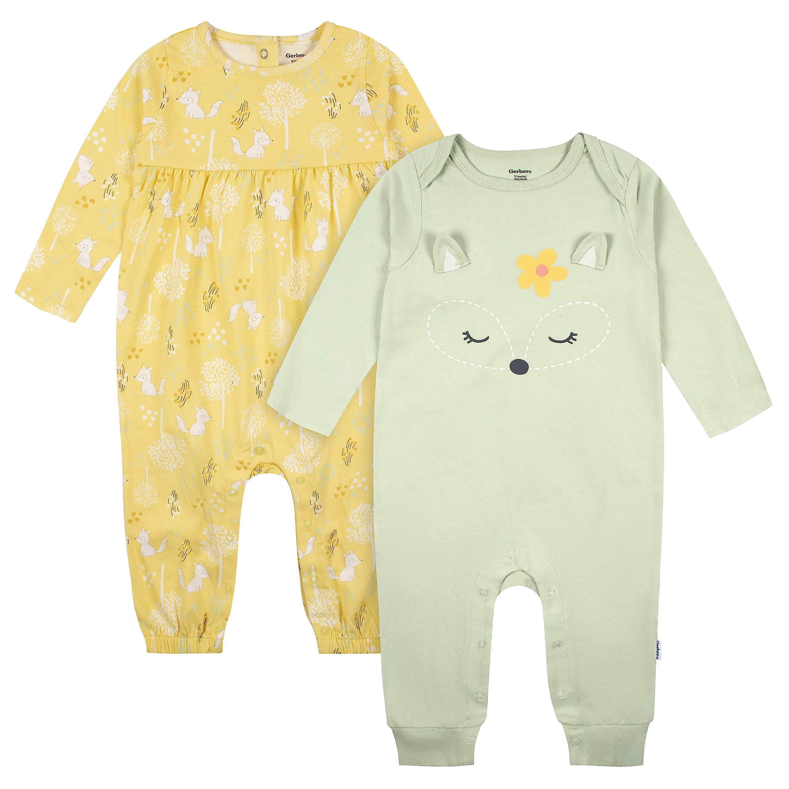 Gerber Baby Girls' 2-Pack Long Sleeve Jumpsuit, Green Yellow Fox, 6-9 Months