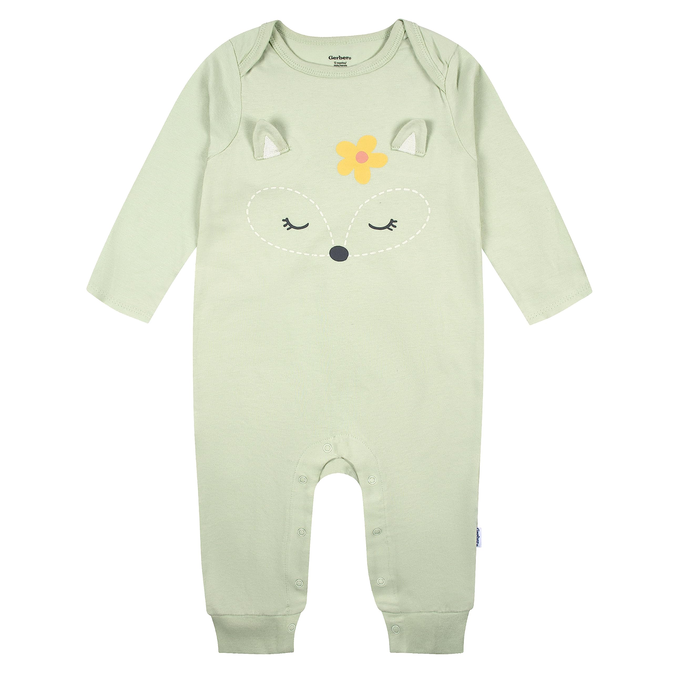 Gerber Baby Girls' 2-Pack Long Sleeve Jumpsuit, Green Yellow Fox, 6-9 Months