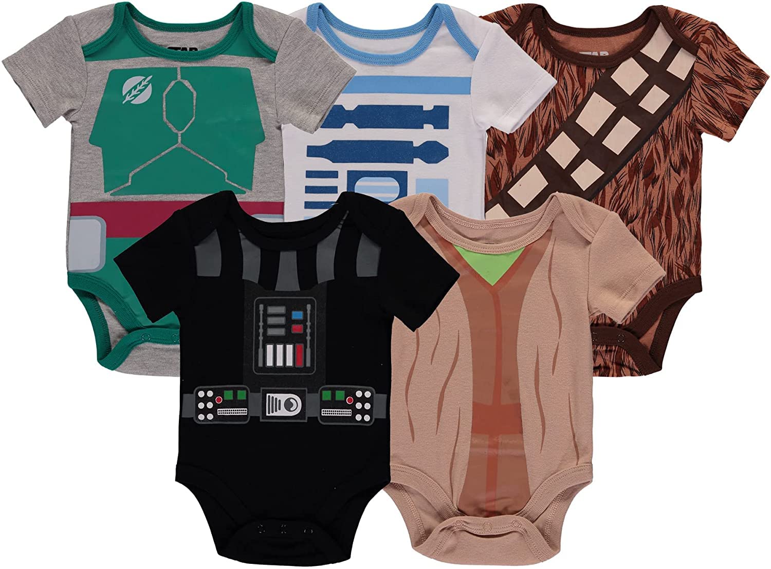 Star Wars Baby Boys' Short Sleeve Bodysuit Five Pack - Star Wars Baby Clothes One Piece Multipack Featuring Baby Yoda, Chewbacca, Boba Fett, R2-D2, and Darth Vader