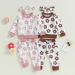 Douhoow Infant Baby Fall Outfit Baby Girl Flowers Sweatshirt Drawstring Pants Baby Girl Clothes Set (Pink, 0-6 Months)