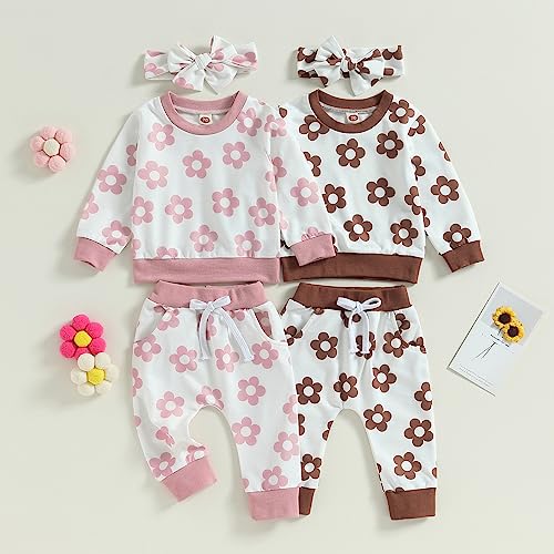 Douhoow Infant Baby Fall Outfit Baby Girl Flowers Sweatshirt Drawstring Pants Baby Girl Clothes Set (Pink, 0-6 Months)