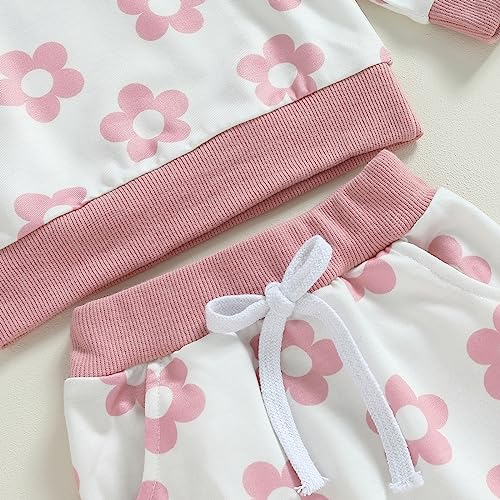 Douhoow Infant Baby Fall Outfit Baby Girl Flowers Sweatshirt Drawstring Pants Baby Girl Clothes Set (Pink, 0-6 Months)