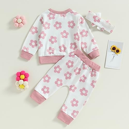 Douhoow Infant Baby Fall Outfit Baby Girl Flowers Sweatshirt Drawstring Pants Baby Girl Clothes Set (Pink, 0-6 Months)