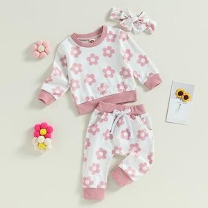 Douhoow Infant Baby Fall Outfit Baby Girl Flowers Sweatshirt Drawstring Pants Baby Girl Clothes Set (Pink, 0-6 Months)