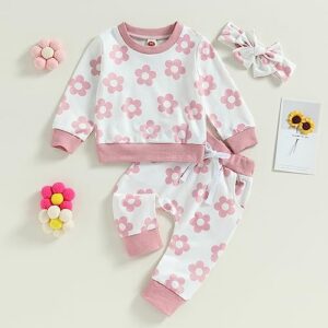 Douhoow Infant Baby Fall Outfit Baby Girl Flowers Sweatshirt Drawstring Pants Baby Girl Clothes Set (Pink, 0-6 Months)