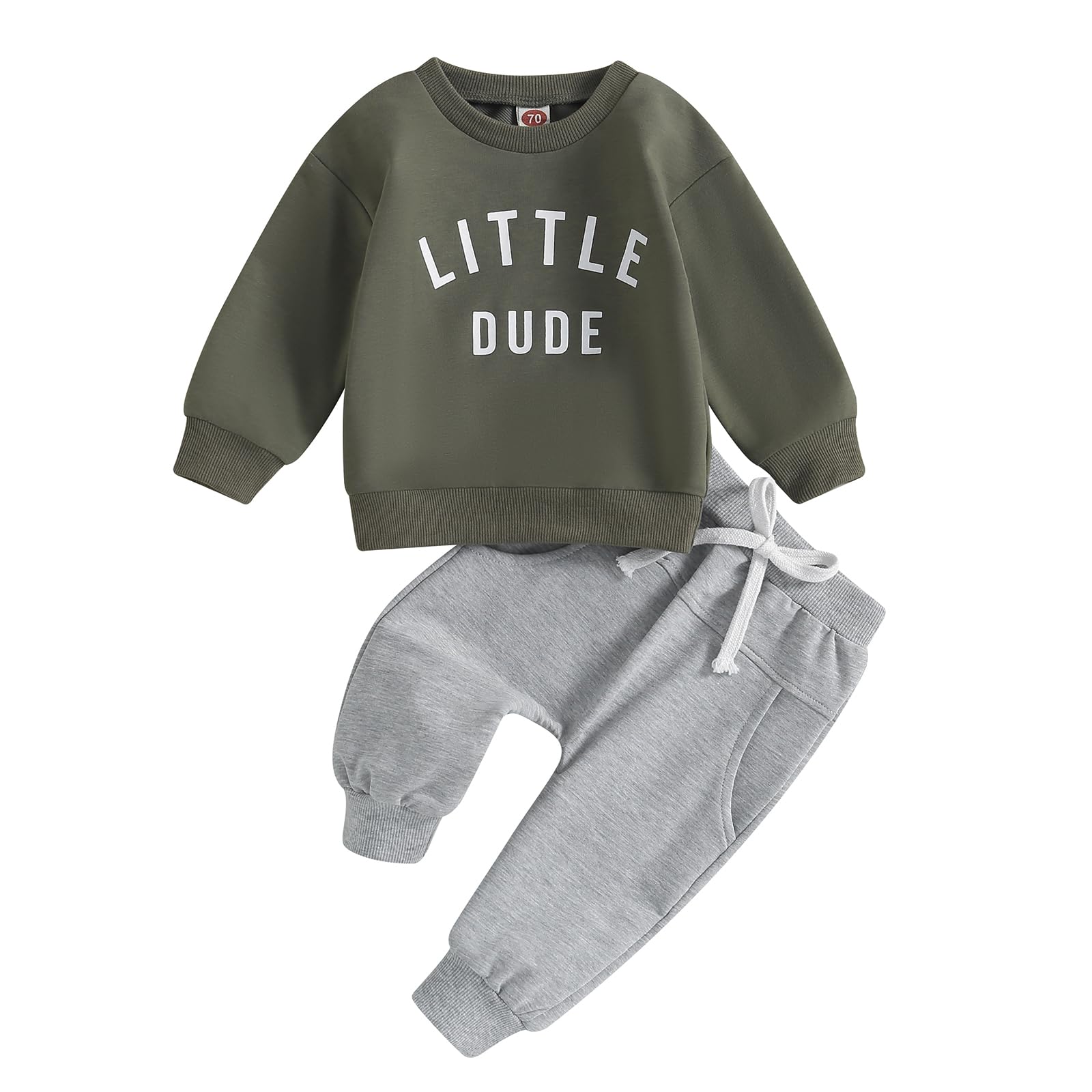 Baby Toddler Boys Fall Winter Outfits Little Dude Letter Printed Long Sleeve Sweatshirts Pants 2Pcs Clothes Set (Army Green, 6-12 Months)