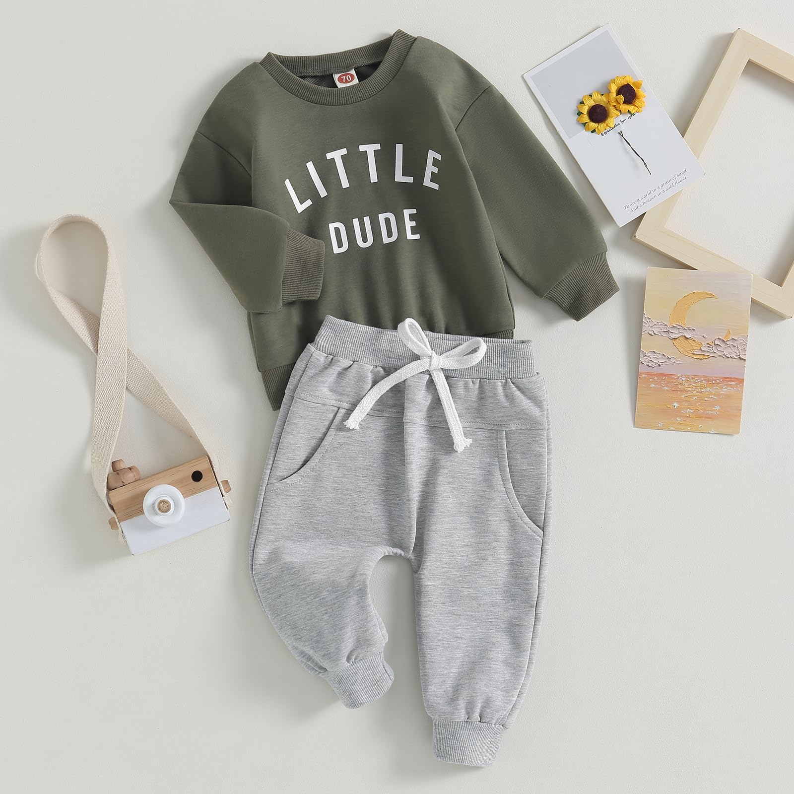 Baby Toddler Boys Fall Winter Outfits Little Dude Letter Printed Long Sleeve Sweatshirts Pants 2Pcs Clothes Set (Army Green, 6-12 Months)