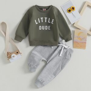 Baby Toddler Boys Fall Winter Outfits Little Dude Letter Printed Long Sleeve Sweatshirts Pants 2Pcs Clothes Set (Army Green, 6-12 Months)