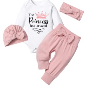 TyeSmo Newborn Girl Clothes the Princess Has Arrived White Long-sleeve Top + Pants + Headband + Hat Newborn Baby Girl Clothes