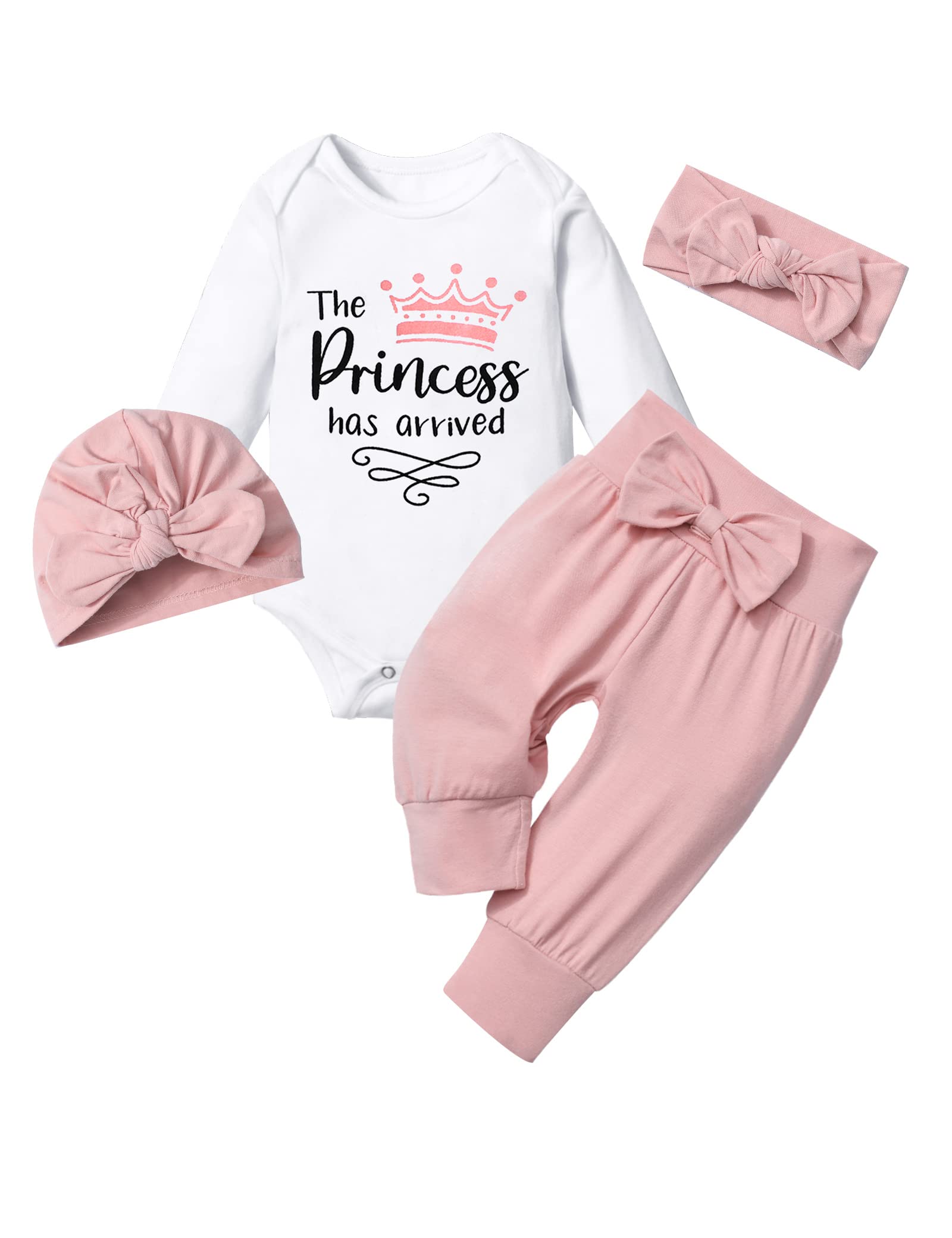 TyeSmo Newborn Girl Clothes the Princess Has Arrived White Long-sleeve Top + Pants + Headband + Hat Newborn Baby Girl Clothes