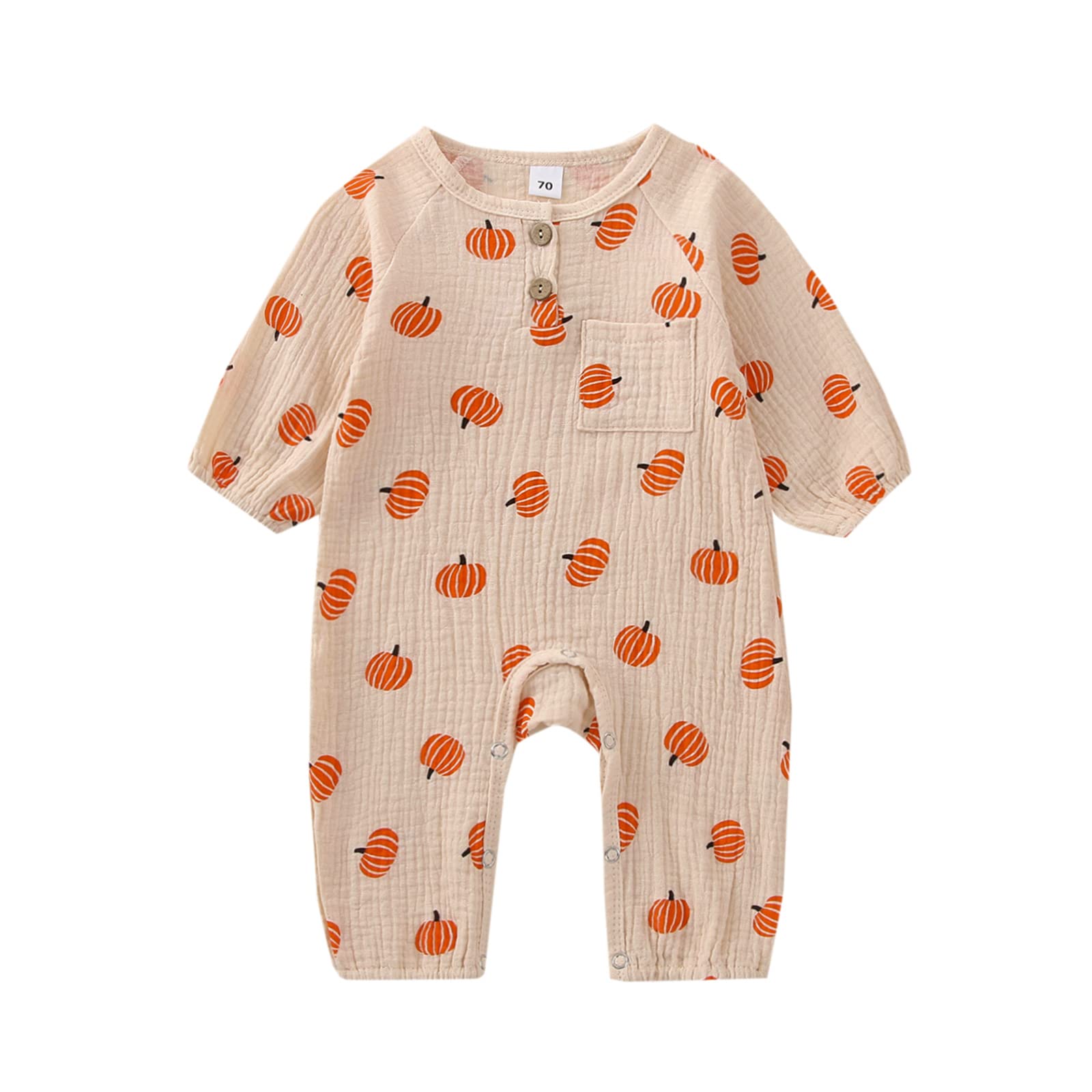 FIOMVA Newborn Baby Girl Boy Halloween Outfit Pumpkin Long Sleeve Romper Onesie Cotton Linen Jumpsuit Fall Winter Clothes (Pumpkin-Beige,0-3 Months)