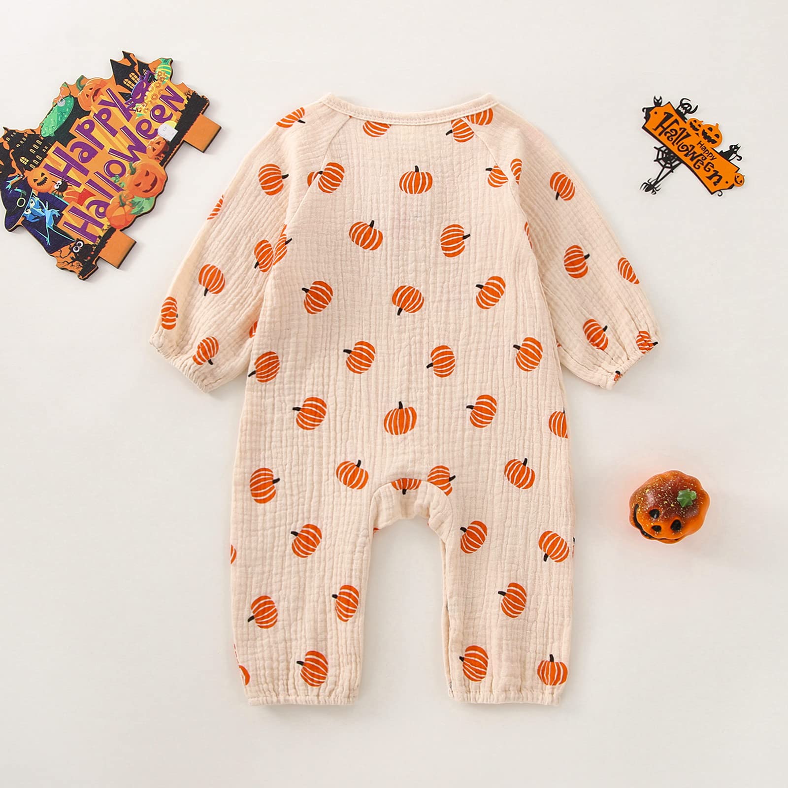 FIOMVA Newborn Baby Girl Boy Halloween Outfit Pumpkin Long Sleeve Romper Onesie Cotton Linen Jumpsuit Fall Winter Clothes (Pumpkin-Beige,0-3 Months)