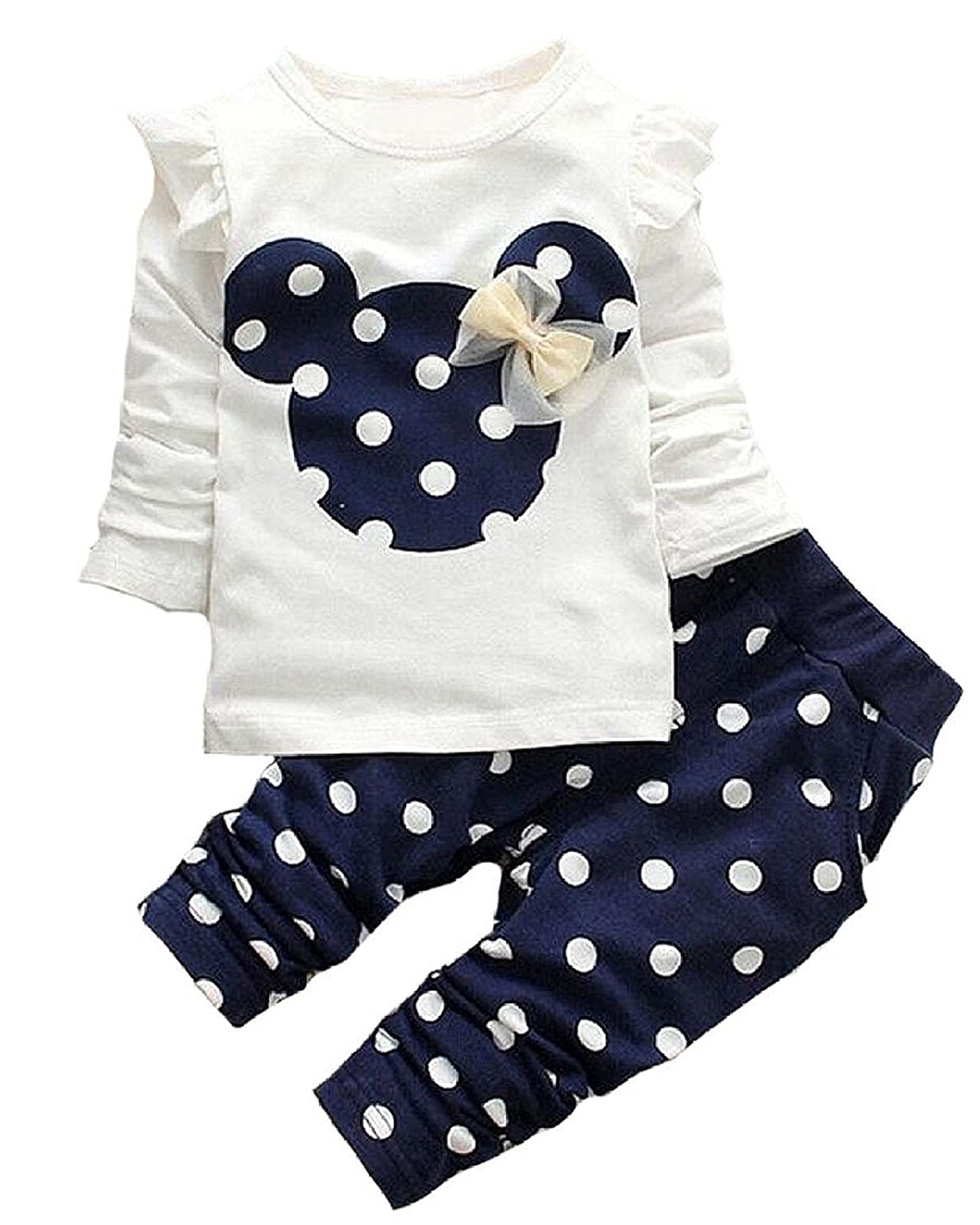 Avidqueen Cute Toddler Baby Girls Clothes Set Long Sleeve T-Shirt and Pants Kids 2pcs Outfits(White+Navy,2T)