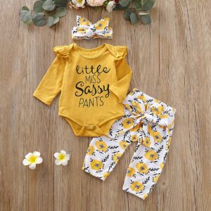 PigMaMa 3 Pcs Infant Baby Girl Clothes Ruffle Long Sleeve Romper Flower Trouser Headband Outfits Sets 0-6 Months