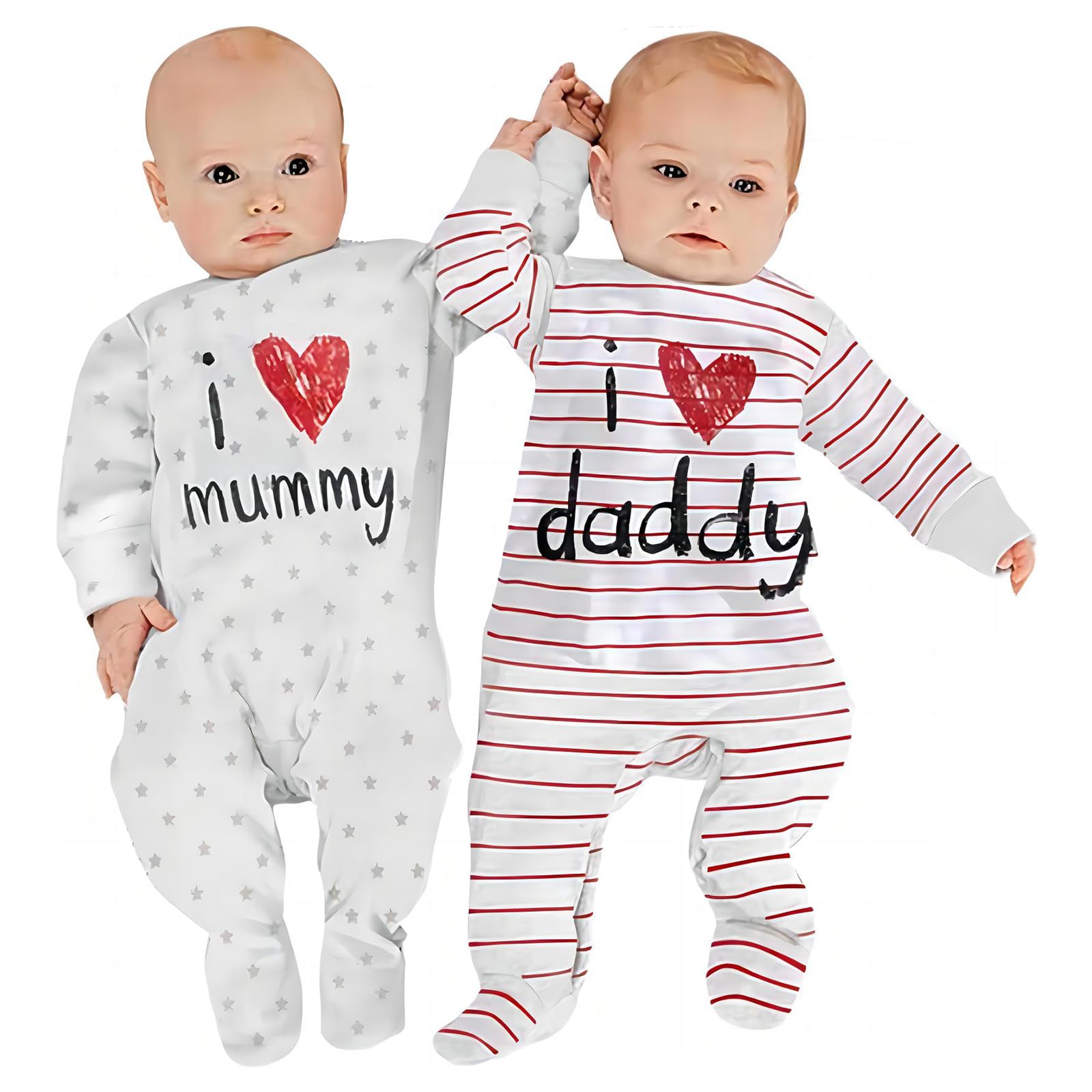 AOMOMO Unisex- Baby Clothes Twins Bodysuits I Love Daddy Mummy Romper Set, Newborn Cotton Footed Pajamas (White, Newborn)