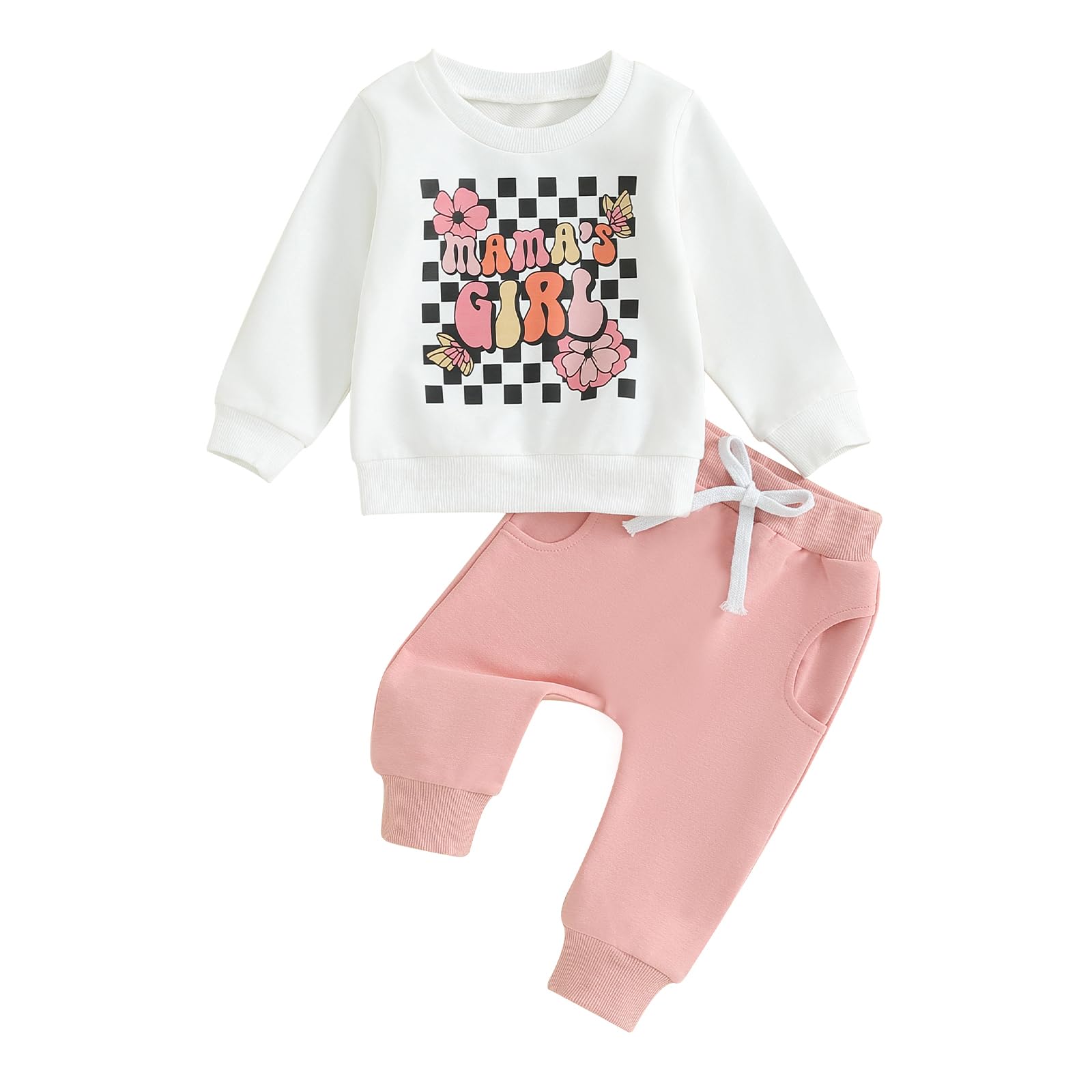 Socutebabe 2Pcs Set Infant Baby Girl Fall Clothes Mamas Girl Long Sleeve Crewneck Sweatshirt+Joggers Pants Winter Outfit Set (Mamas Girl-White,6-12 Months)