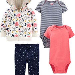 Simple Joys by Carter's Baby Girls' 4-Piece Jacket, Pant, and Bodysuit Set, Coral Pink/Ecru Floral/Navy Dots/Stripe, 3-6 Months