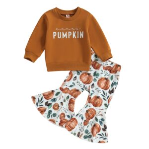 wdehow Toddler Baby Girls Halloween 2pcs outfits Letters Print Sweatshirt Tops Pumpkin Flare Pants Fall Winter Clothes (Brown, 12-18 Months)