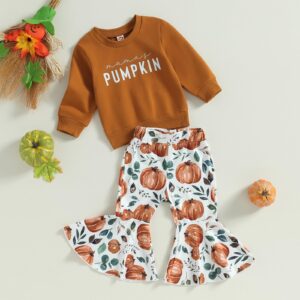 wdehow Toddler Baby Girls Halloween 2pcs outfits Letters Print Sweatshirt Tops Pumpkin Flare Pants Fall Winter Clothes (Brown, 12-18 Months)