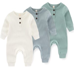 iadoer newborn baby boys girls one piece romper with mitten cuffs 3 pack long sleeve ribbed button jumpsuit outfit clothes white+blue+green 6 months