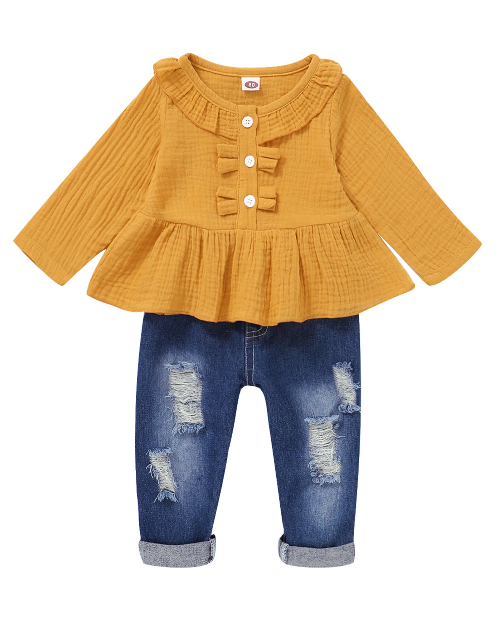 18 Months Girl Clothes Toddler Baby Girl Outfits Fall Long Sleeve Top Ripped Jeans Set Winter Baby Girl Clothes 18-24 Months Yellow