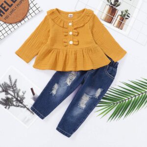 18 Months Girl Clothes Toddler Baby Girl Outfits Fall Long Sleeve Top Ripped Jeans Set Winter Baby Girl Clothes 18-24 Months Yellow