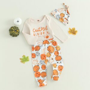 My First Halloween Newborn Infant Baby Boy Clothes Halloween Outfits Pumpkin Romper Bodysuits (Apricot, 0-3 Months)