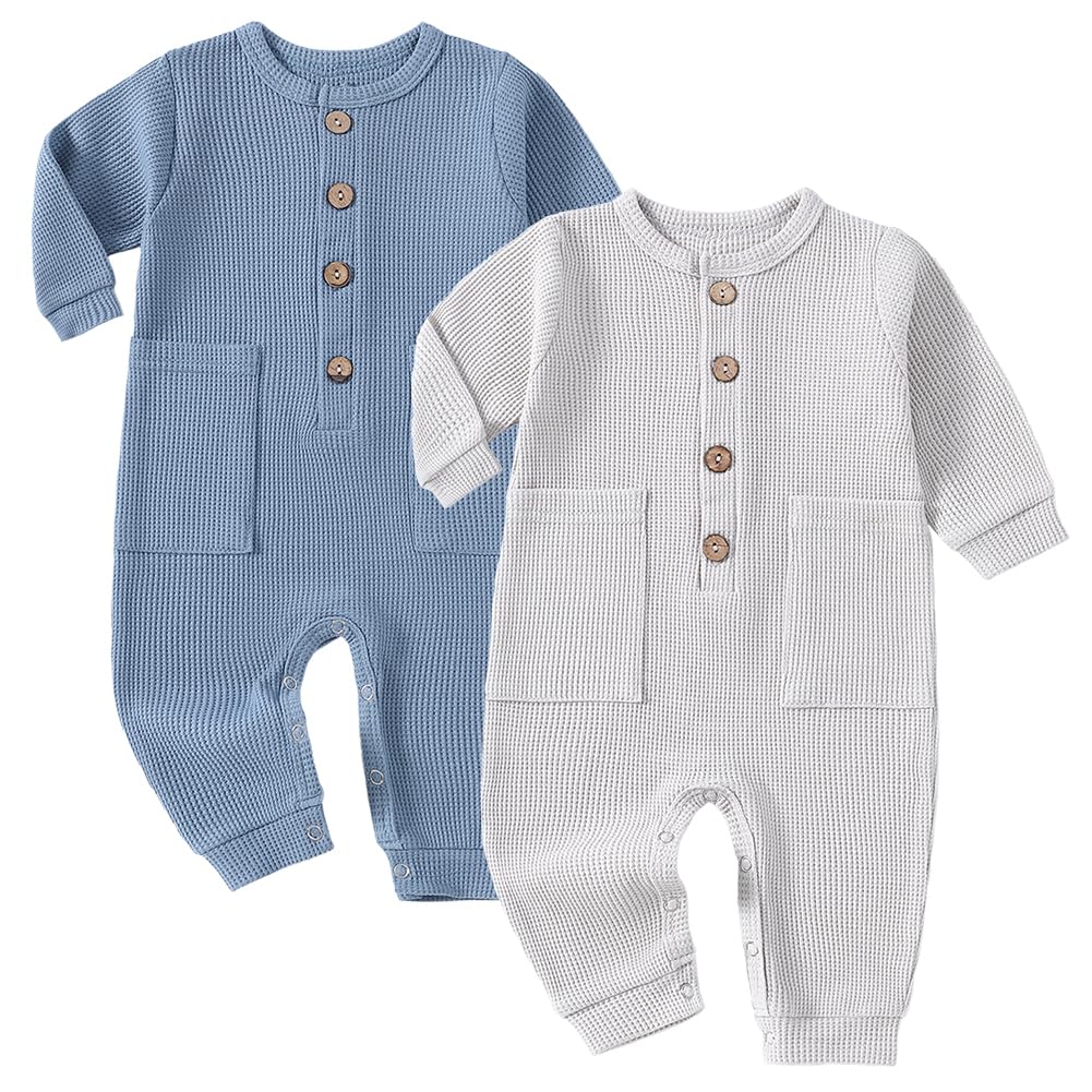 Yookoom Baby Boys Girls 2 Pack Solid Romper Ribbed Long Sleeve One-Piece Knit Cotton Jumpsuit Outfits Clothes,Blue+Gray,3-6M