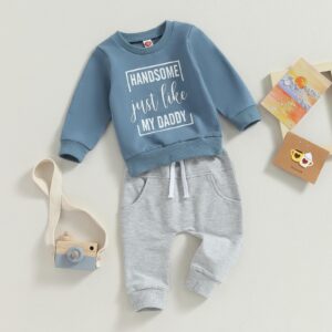 YINGISFITM Toddler Baby Boy Fall Clothes Dads Boy Letter Crewneck Sweatshirt Long Sleeve Shirt Top Pants Winter Outfit Set (like my dad blue, 0-6 Months)