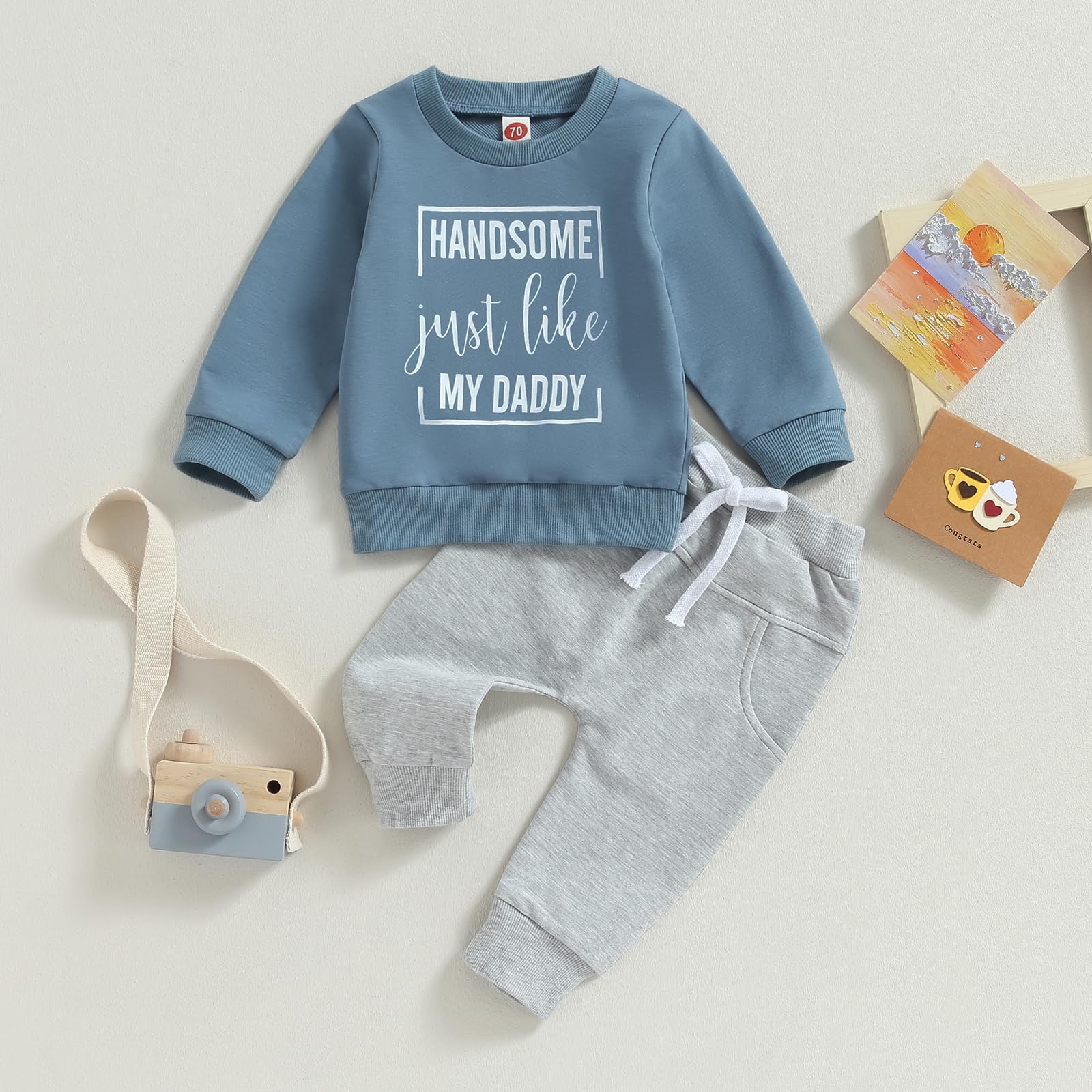 YINGISFITM Toddler Baby Boy Fall Clothes Dads Boy Letter Crewneck Sweatshirt Long Sleeve Shirt Top Pants Winter Outfit Set (like my dad blue, 0-6 Months)