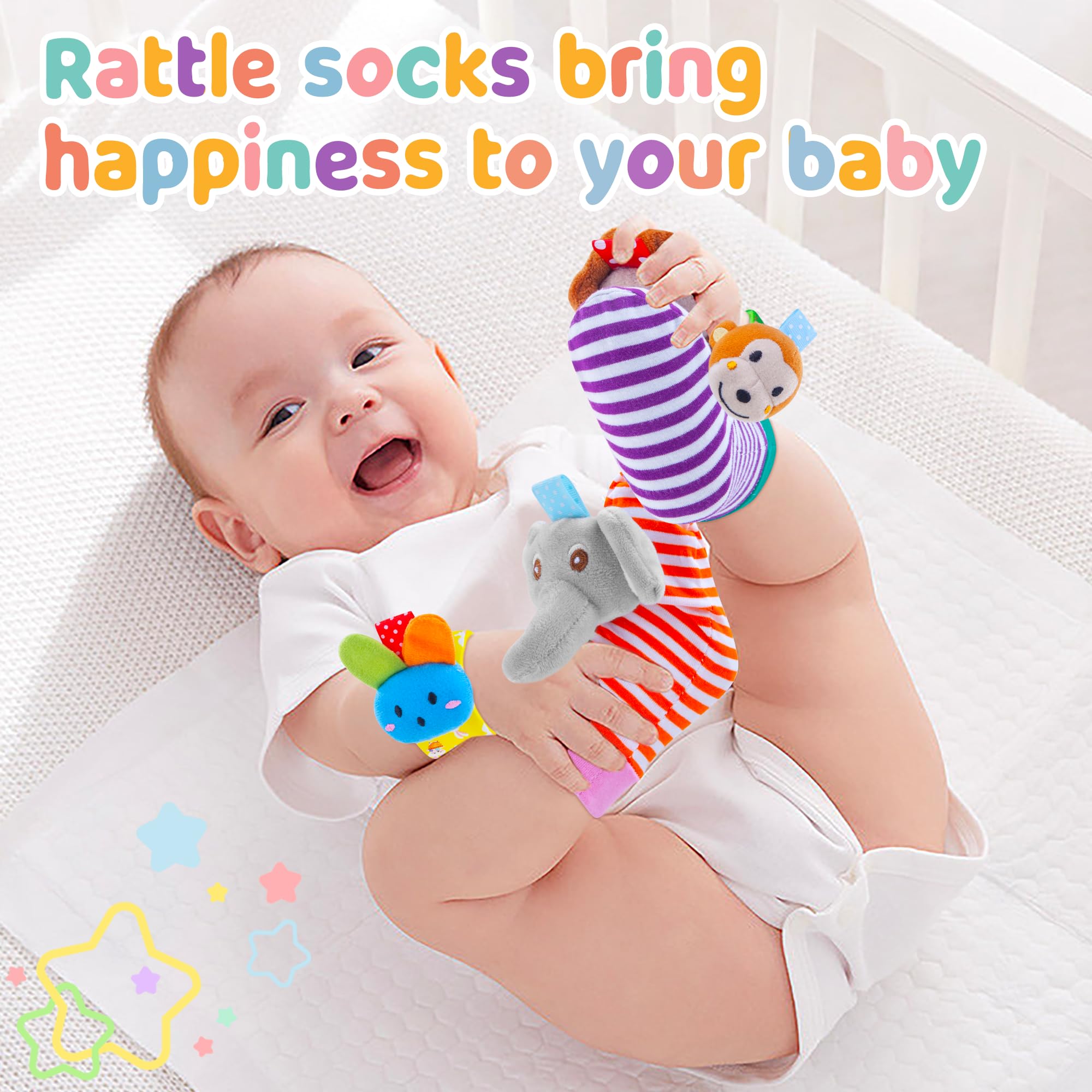 Yeeeasy Baby Rattle Cotton Socks and Wrist Rattle Strap Set, Infant Toys 0 3 6 9 12 Months, Baby Gifts for Boys and Girls, Develop Babies Sensory Toys