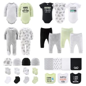 the peanutshell newborn clothes & accessories set | 30 piece layette gift set | fits newborn to 3 months | elephant & funny sayings