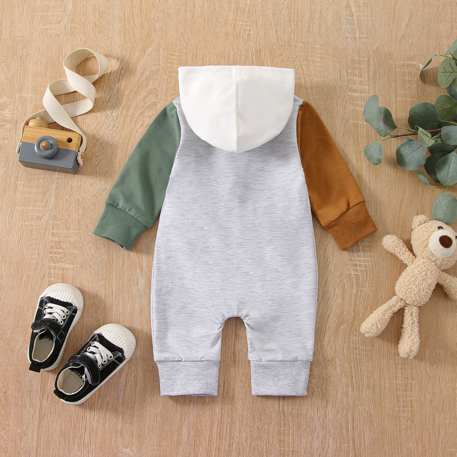 BemeyourBBs Newborn Baby Boy Clothes Color Block Long Sleeve Zipper Hooded Romper with Pocket Fall One Piece Outfits(6-12 Months, Zipper Grey)