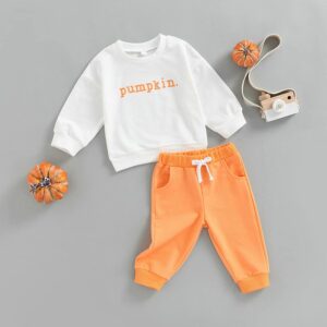 TheFound 0-5T Baby Boys Halloween Outfit Set Infant Newborn Girls Pullover Sweatshirts Cotton Pant Casual Clothes (Orange, 6-12 Months)