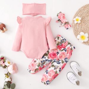 SUNNY PIGGY Baby Girl Clothes Newborn Outfit Infant Winter Fall One Piece Set Letter Print Flower Pants Set Long Sleeve Romper Baby Girl's Clothing with Headband 0-3 Months Pink 4PCS