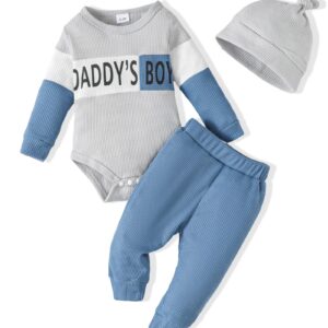 SUNNY PIGGY Baby Boy Clothes 3-6 Months Infant Newborn Romper Daddy Boy Top Spring Baby Pants Infant Cute Hat Grey+Blue