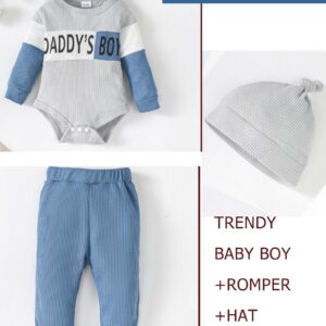 SUNNY PIGGY Baby Boy Clothes 3-6 Months Infant Newborn Romper Daddy Boy Top Spring Baby Pants Infant Cute Hat Grey+Blue