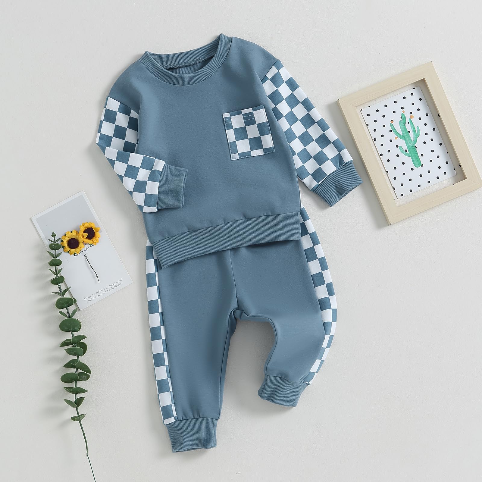 Toddler Baby Boy Fall Winter Outfit Contrast Color Long Sleeve Sweatshirts Stretch Jogger Pants Newborn Clothes Set (Plaid Blue, 18-24 Months)