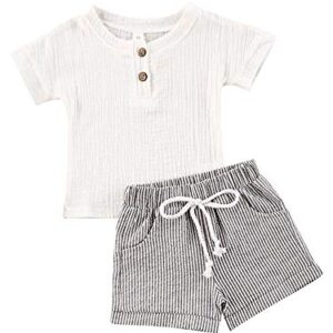 Baby Boys Short Sleeve T-Shirt Tops Elastic Waistband Shorts Set Toddler2Pcs Summer Outfits Clothes (Linen White + Strips, 2-3T)