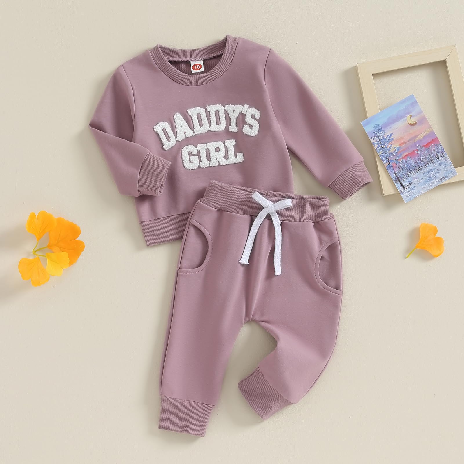 FIOMVA Daddys Girl Baby Clothes Toddler Fall Winter Outfits Sweatshirt Pants 2 Piece Set Shirt Sweatpants Suit (H Embroidered Daddy's Girl Purple, 18-24 Months)