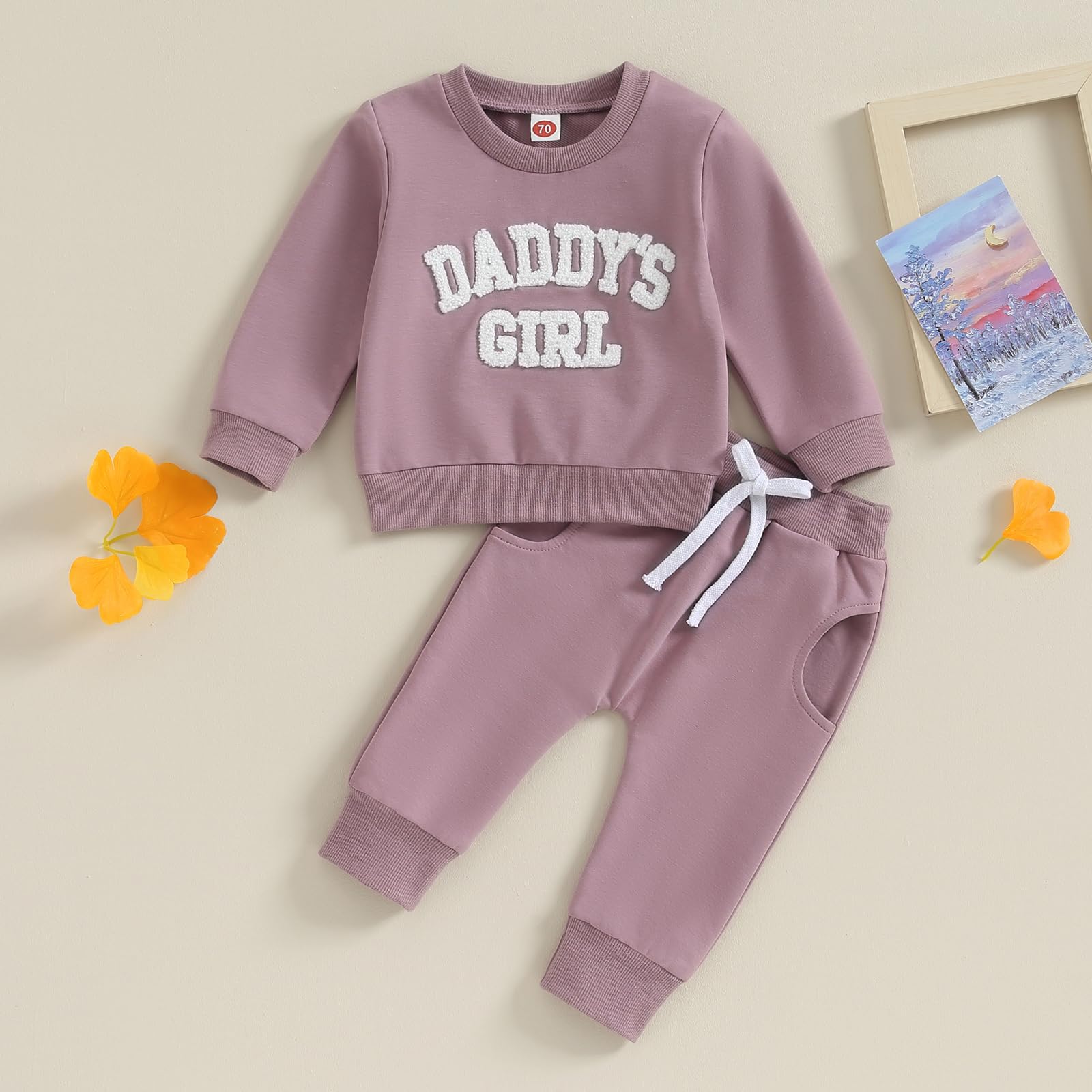 FIOMVA Daddys Girl Baby Clothes Toddler Fall Winter Outfits Sweatshirt Pants 2 Piece Set Shirt Sweatpants Suit (H Embroidered Daddy's Girl Purple, 18-24 Months)