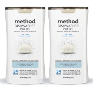 Method Dishwasher Detergent Packs, Fragrance Free + Clear, Dishwashing Rinse Aid to Lift Tough Grease and Stains, 54 Dishwasher Tabs per Package, (Pack of 2)