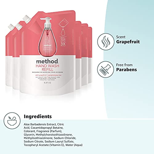 Method Gel Hand Soap Refill, Pink Grapefruit, Biodegradable Formula, 34 fl oz (Pack of 6)