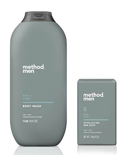 Method Men's - Sea + Surf Body Wash 18 Ounce & Sea + Surf Exfoliating Bar Soap, 6 oz - Set of 2