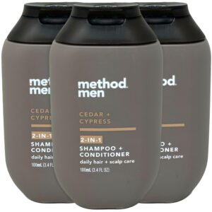 method men 2-in-1 shampoo plus conditioner, cedar and cypress, daily hair and scalp care, paraben and phthalate free, mini travel size 3.4 oz (pack of 3)